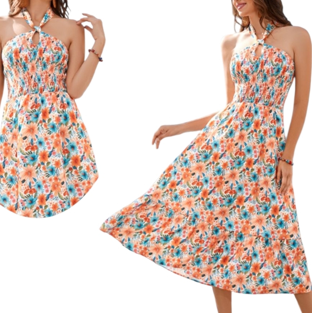 PLUS SIZE Floral Halter Neck Flowy Boho Dress